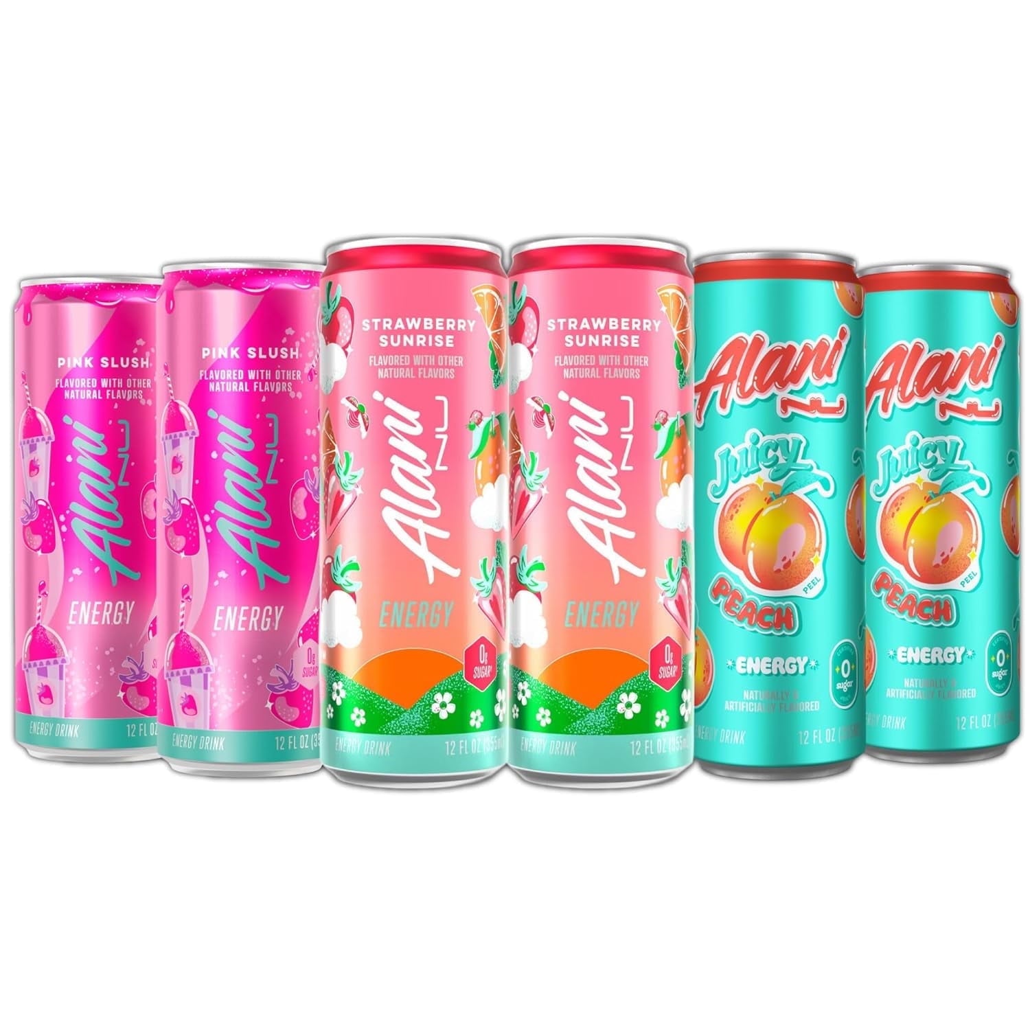 Energy Drinks Strawberry Sunrise, Pink Slush, Juicy Peach Flavors Variety Pack Sugar-Free, Low-Calorie, 200mg Caffeine, 12 fl oz (Pack of 6)