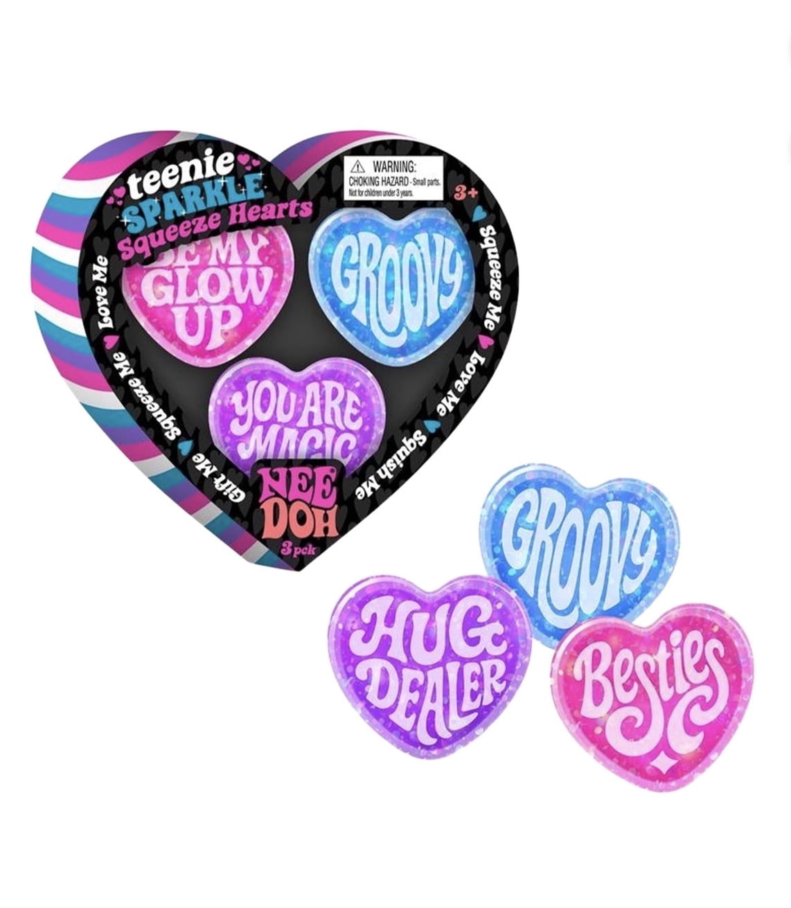 Teenie Sparkle Squeeze Hearts Squishy Stress Relieve Stress Ball Set, 3 Piece