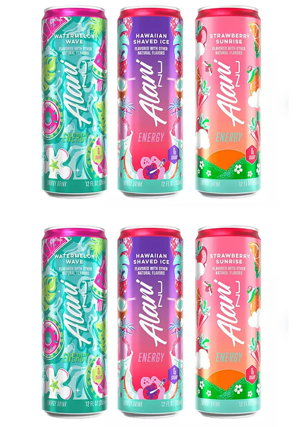 Energy Drinks Strawberry Sunrise, Watermelon Wave, Hawaian Shaved Ice Variety Pack | Sugar Free, Low Calorie Energy Drinks 6 Cans Total (12 fl oz Each) 6 Pack