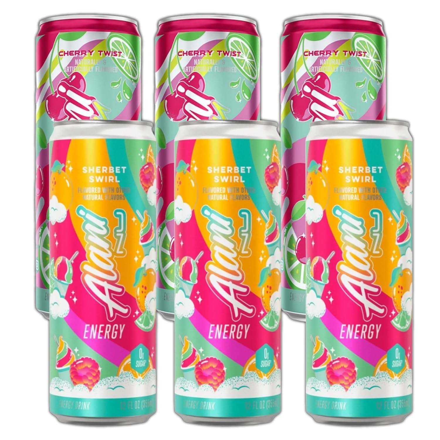 New Energy Drinks Sherbet Swirl, Cherry Twist Flavors Variety Pack Sugar-Free, Low-Calorie, 200mg Caffeine, Energy Boost Drink 12 fl oz (Pack of 6)