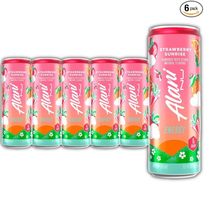 New STRAWBERRY SUNRISE Sugar Free, Low Calorie Energy Drinks, 200mg Caffeine, 12 Fl Oz Cans, 6 Pack