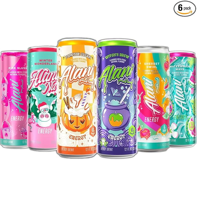 New Energy Drinks Witches Brew, Pumkin Cream, Winter Wonderland, Sherbet Swirl, Watermelon Wave, Pink Slush Variety Pack Sugar-Free, Low-Calorie, Energy Boost Drink 12 fl oz (Pack of 6)