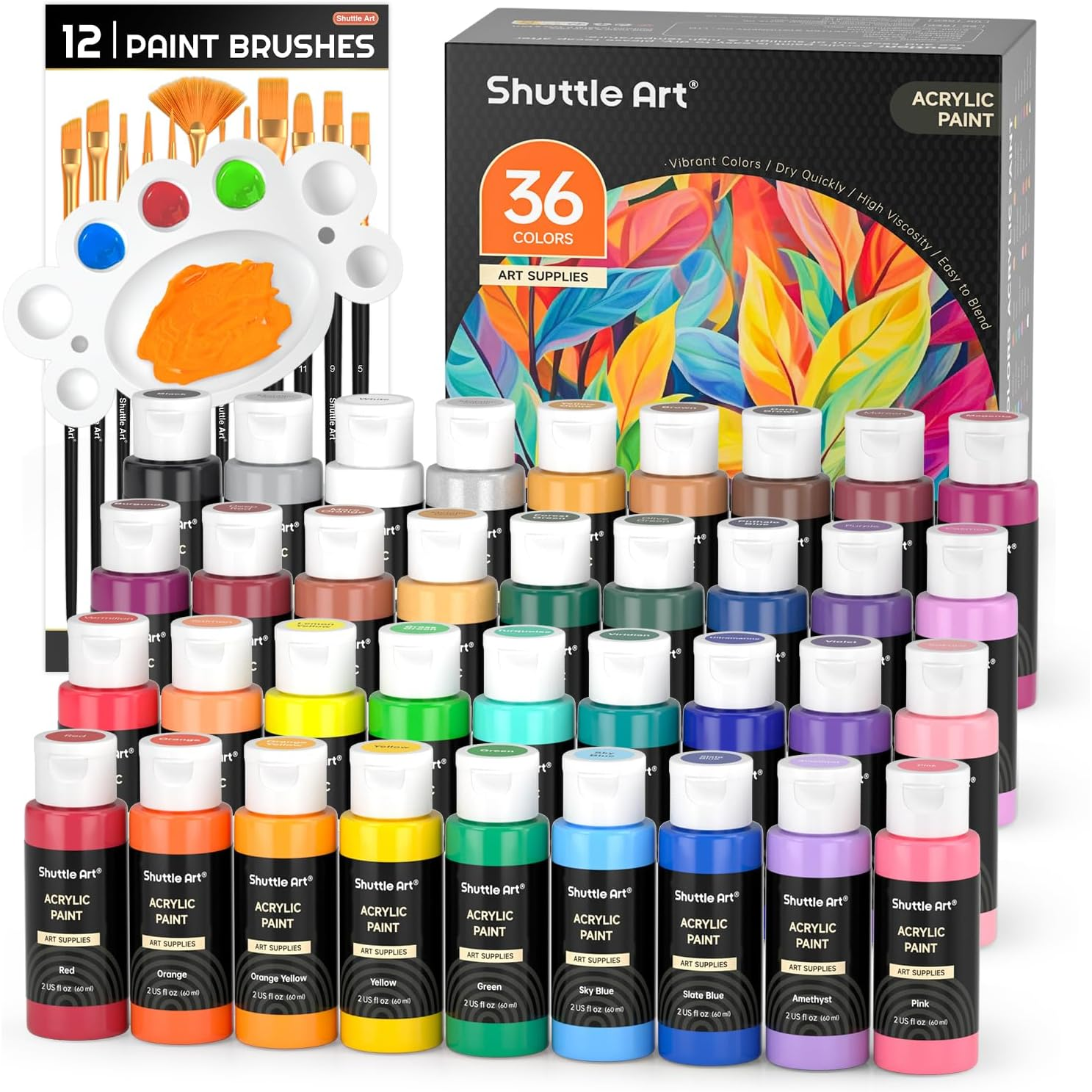 Acrylic Paint, 36 Colors Acrylic Paint Set with Brushes & Palette, 2oz/60ml Bottles, Rich Pigments Non-to...