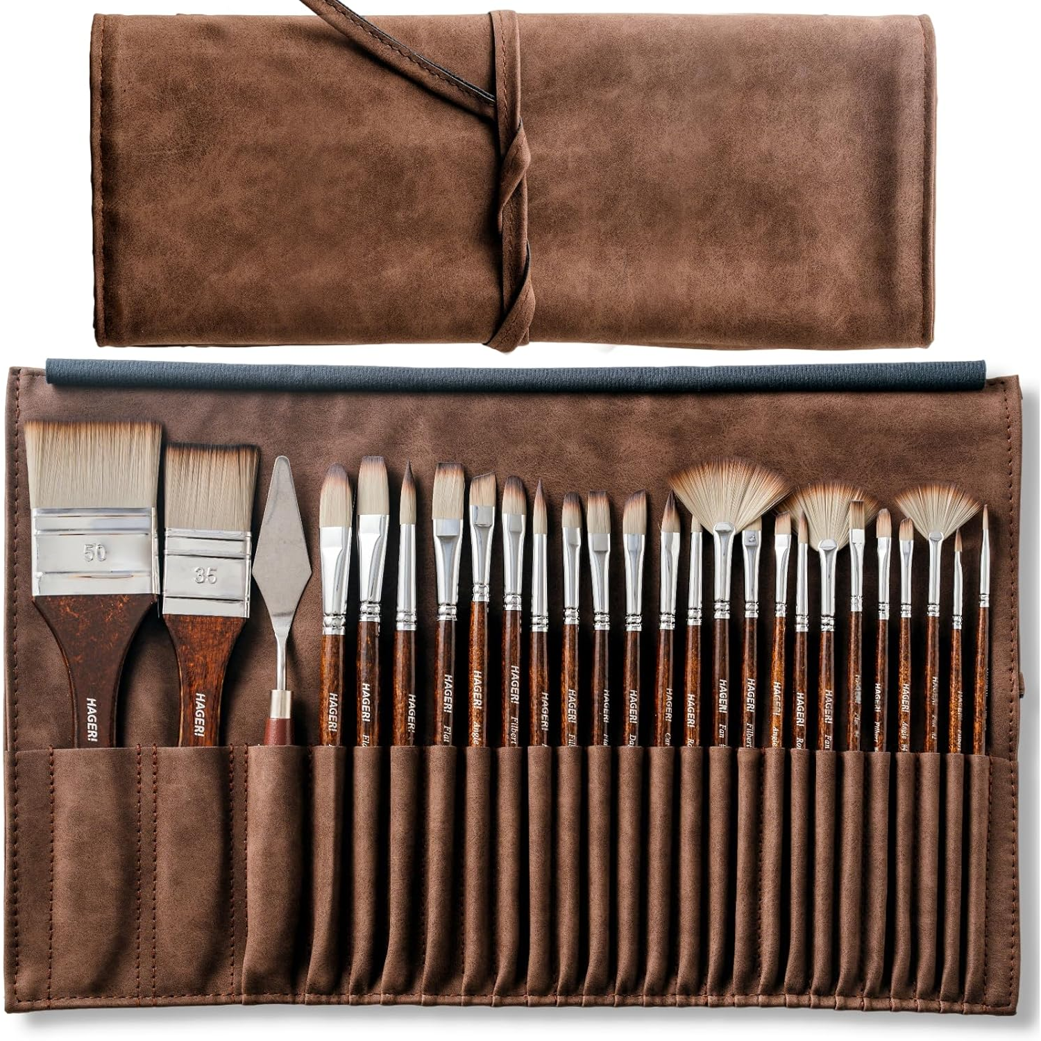 25 Pieces Paint Brushes, Expert Synthetic Nylon Bristles Paint Brush Kit with Palette Knife & Suede Leather Roll, Pai...