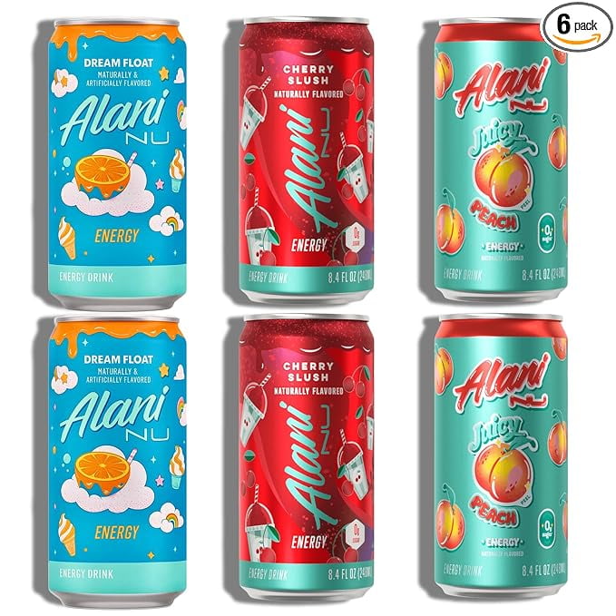 New Mini Energy Drinks, Dream Float, Cherry Slush, Juicy Peach Variety Pack, Sugar Free, Low Calorie, Energy Boost Drinks 8.4oz Cans (6 pack)