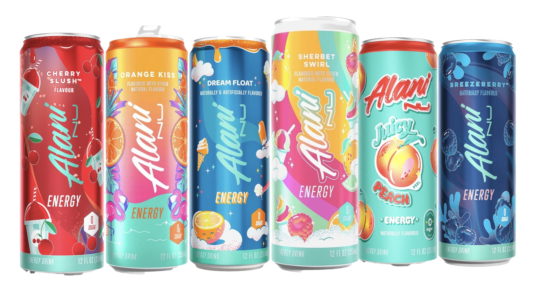 Energy Drinks Variety Pack Sherbet Swirl, Dream Float, Cherry Slush, Orange Kiss, Juicy Peach, Breezeberry Zero Sugar, Low Calorie, Energy Boost Drinks 12 oz (6 Pack)
