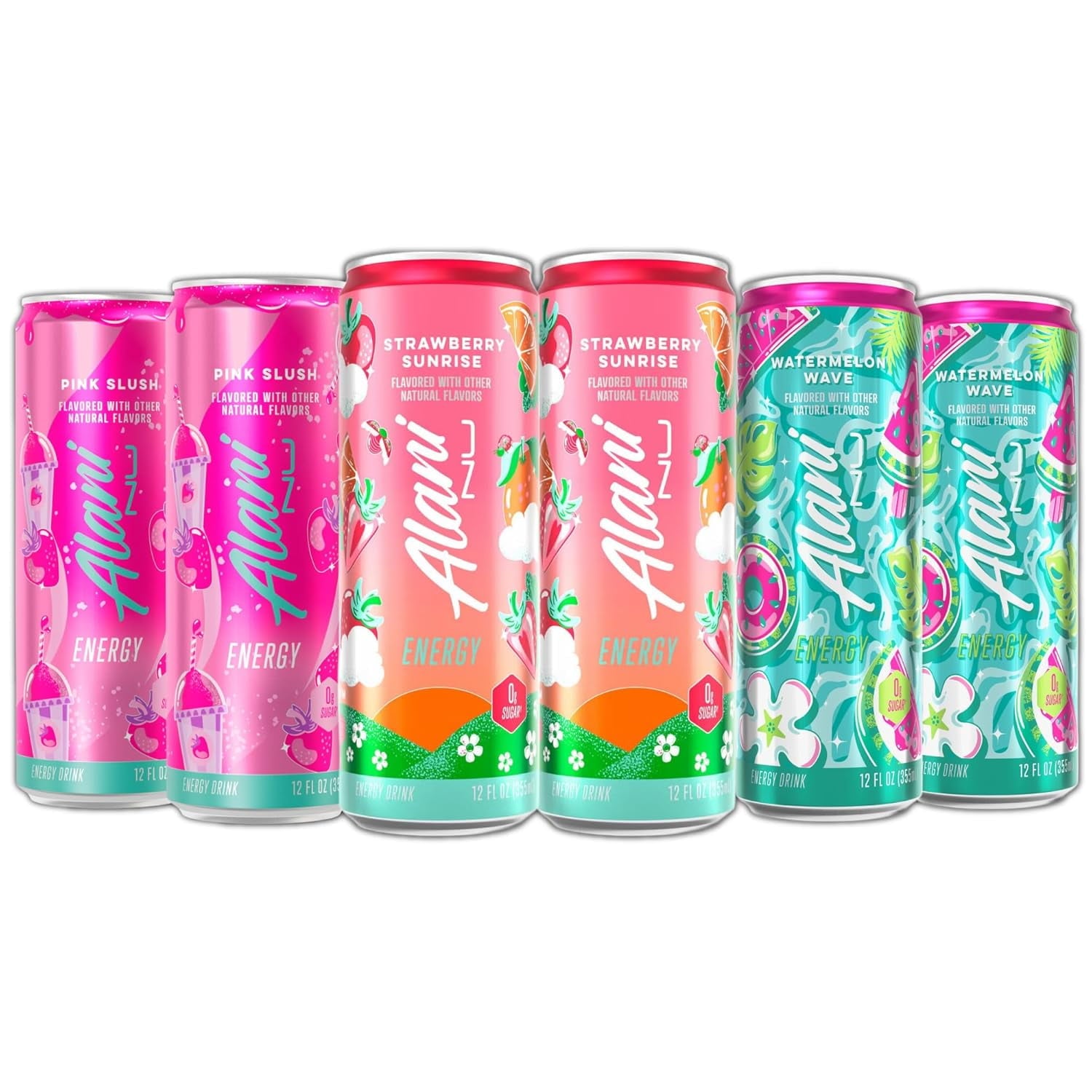 Energy Drinks Strawberry Sunrise, Watermelon Wave, Pink Slush Flavors Variety Pack Sugar-Free, Low-Calorie, 200mg Caffeine, 12 fl oz (Pack of 6)