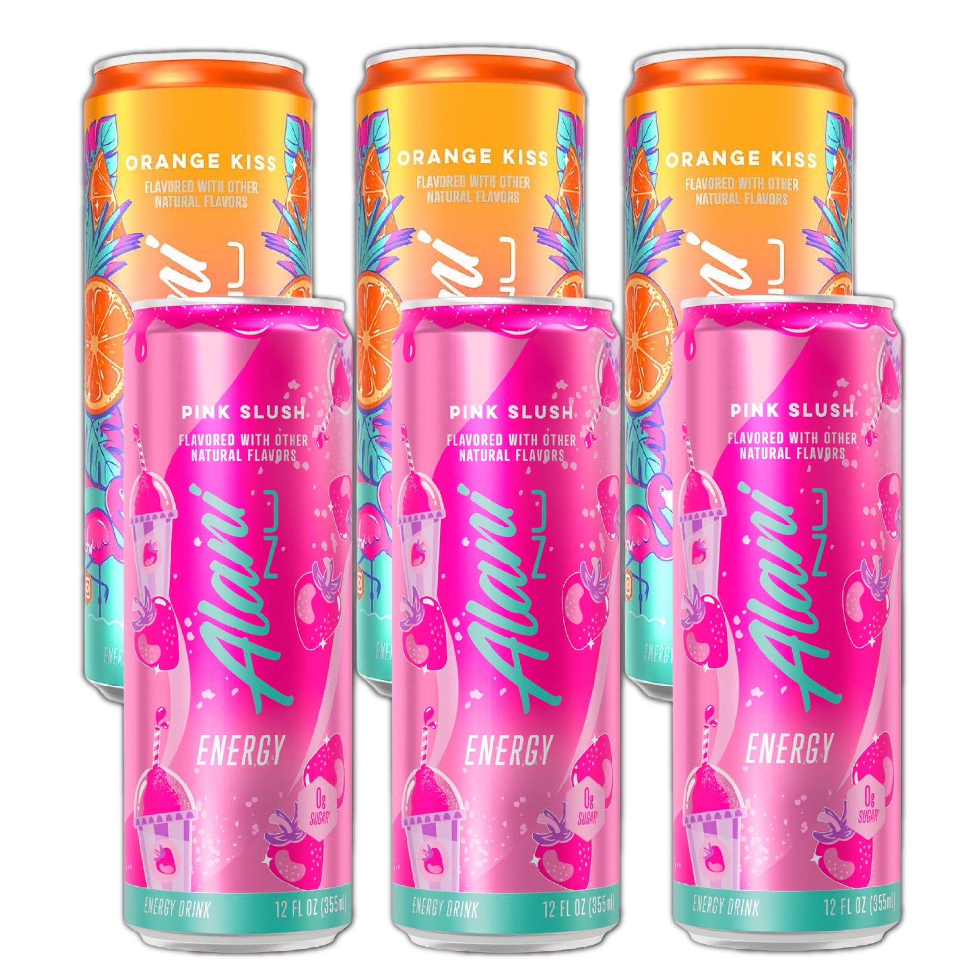 Energy Drinks Pink Slush & Orange Kiss Flavor Zero Suger, Low - Calorie, Energy Boost Drinks 12 oz (6 Pack)