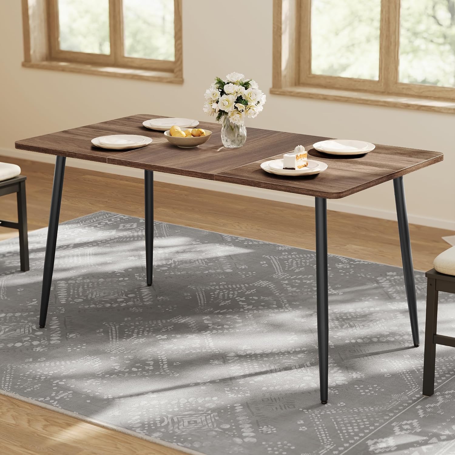 VASAGLE Dining Table for 4-6 People, Modern Farmhouse Dining Room Table, Quick Assembly, Heat-Resistant Tabletop, 55.1 x 29.5 x 29.5 Inches, for Kitchen, Natural Walnut and Ink Black UKDT100K02V2