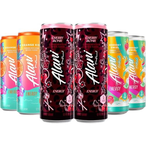 New Energy Drinks Cherry Bomb, Sherbet Swirl, Orange Kiss Variety Pack Sugar-Free, Low-Calorie, 200mg Caffeine, Energy Boost Drink 12 fl oz (Pack of 6)