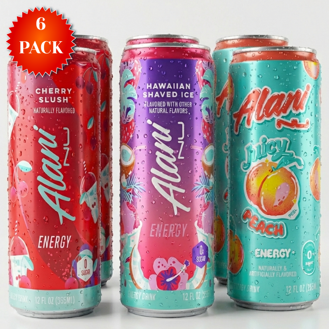 Sugar Free Energy Drink, Variety Pack, Cherry Slush, Juicy Peach, Hawaiian Shaved Ice, 12 fl oz, 6 Pack, Cans, 200mg Caffeine