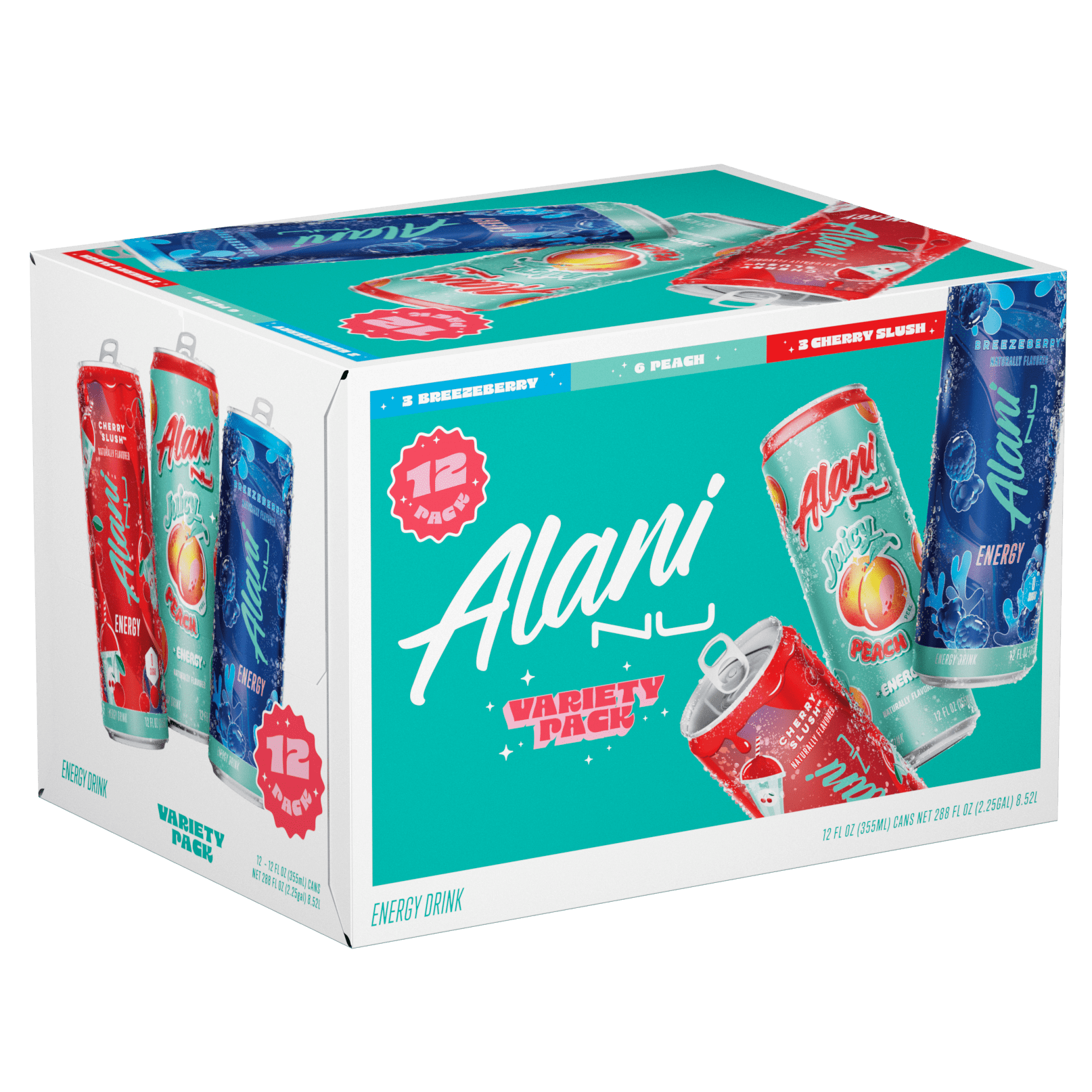 Sugar-Free Energy Drink, 12 Pack Variety of 12 fl oz Cans, Juicy Peach, Cherry Slush, Breezeberry (Pack of 12)