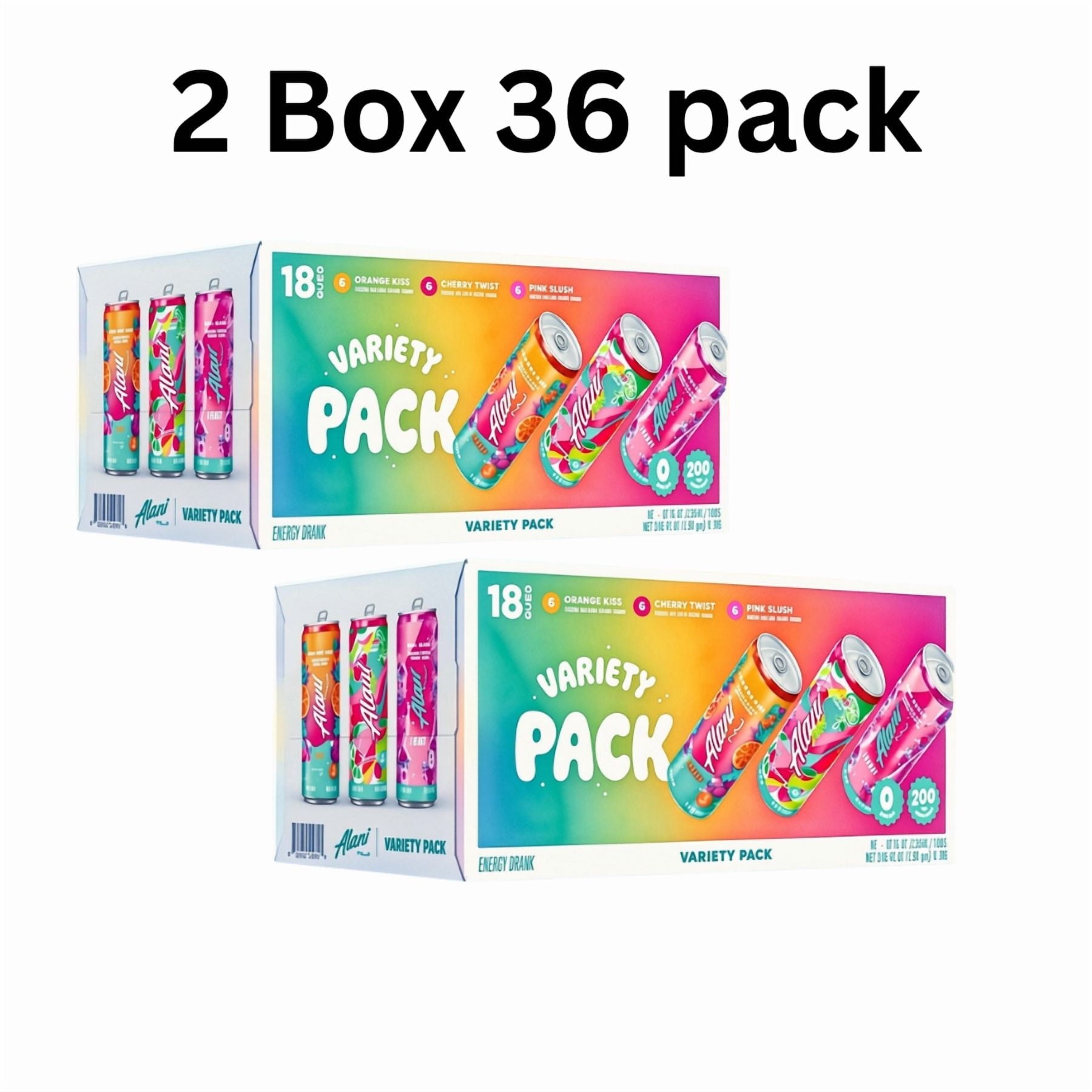 Sugar Free Energy Drink Variety Pack, Orange Kiss, Pink Slush & Cherry Twist, 12 fl oz Cans, 18-Pack (2 Boxes), 200mg Caffeine