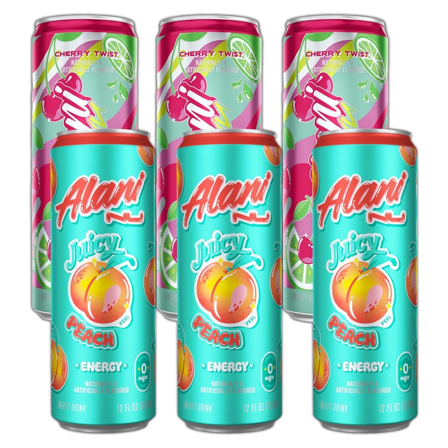 New Energy Drinks Cherry Twist, Juicy Peach Variety Pack Sugar-Free, Low-Calorie, 200mg Caffeine, Energy Boost Drink 12 fl oz (Pack of 6)