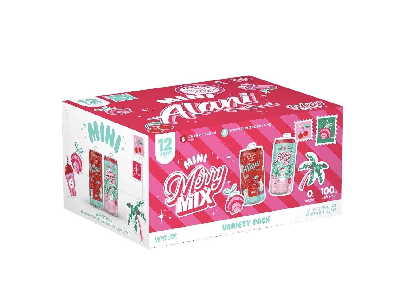 Sugar Free Energy Drink Mini, Variety Pack, Winter Wonderland, Cherry Slush, 8.4 fl oz, 12 Pack, Cans, 100mg Caffeine