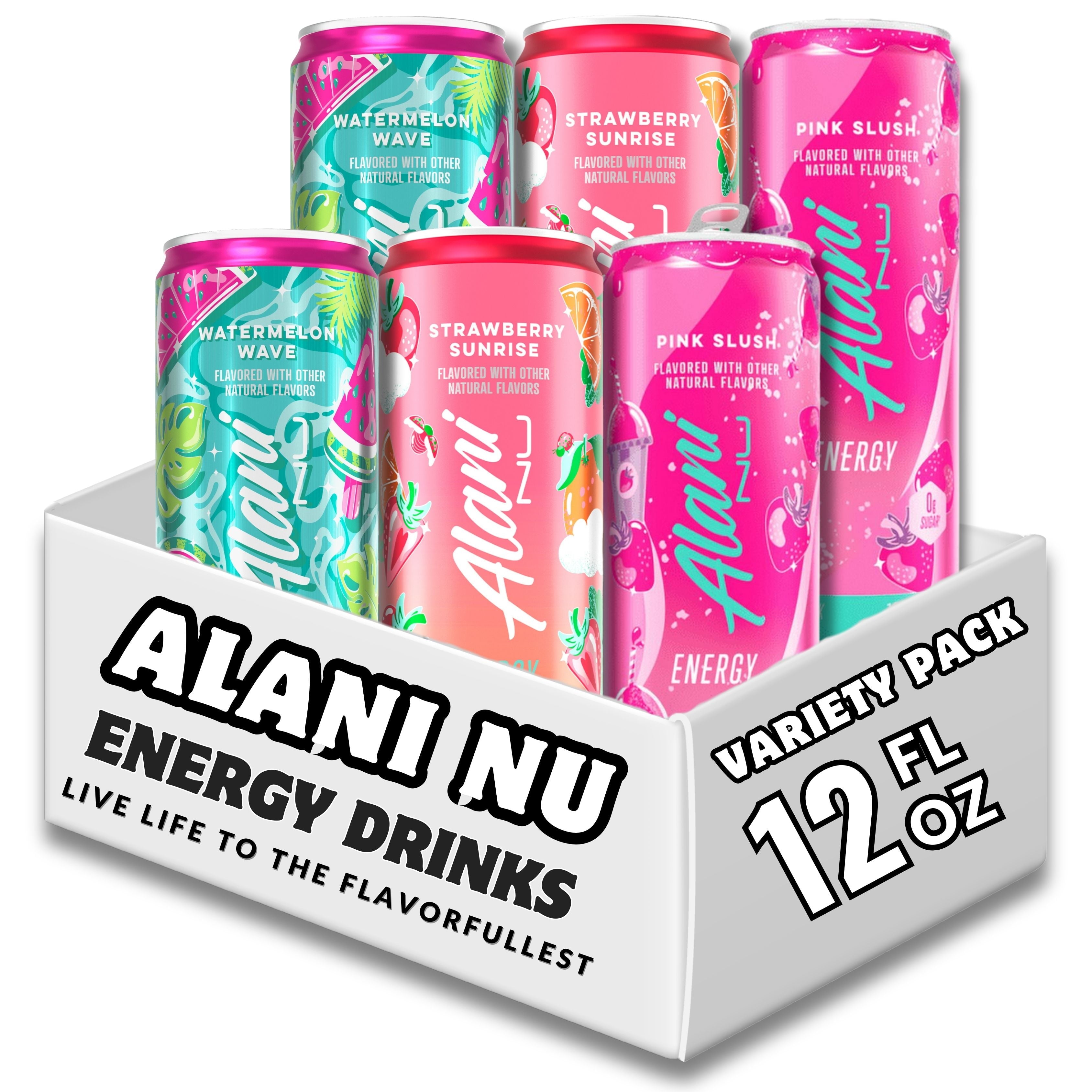 New Nu Energy Drink Trio Variety Pack 12 fl oz - Strawberry Sunrise, Watermelon Wave, Pink Slush