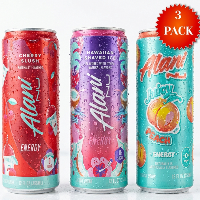 Sugar Free Energy Drink, Variety Pack, Cherry Slush, Juicy Peach, Hawaiian Shaved Ice, 12 fl oz, 3 Pack, Cans, 200mg Caffeine