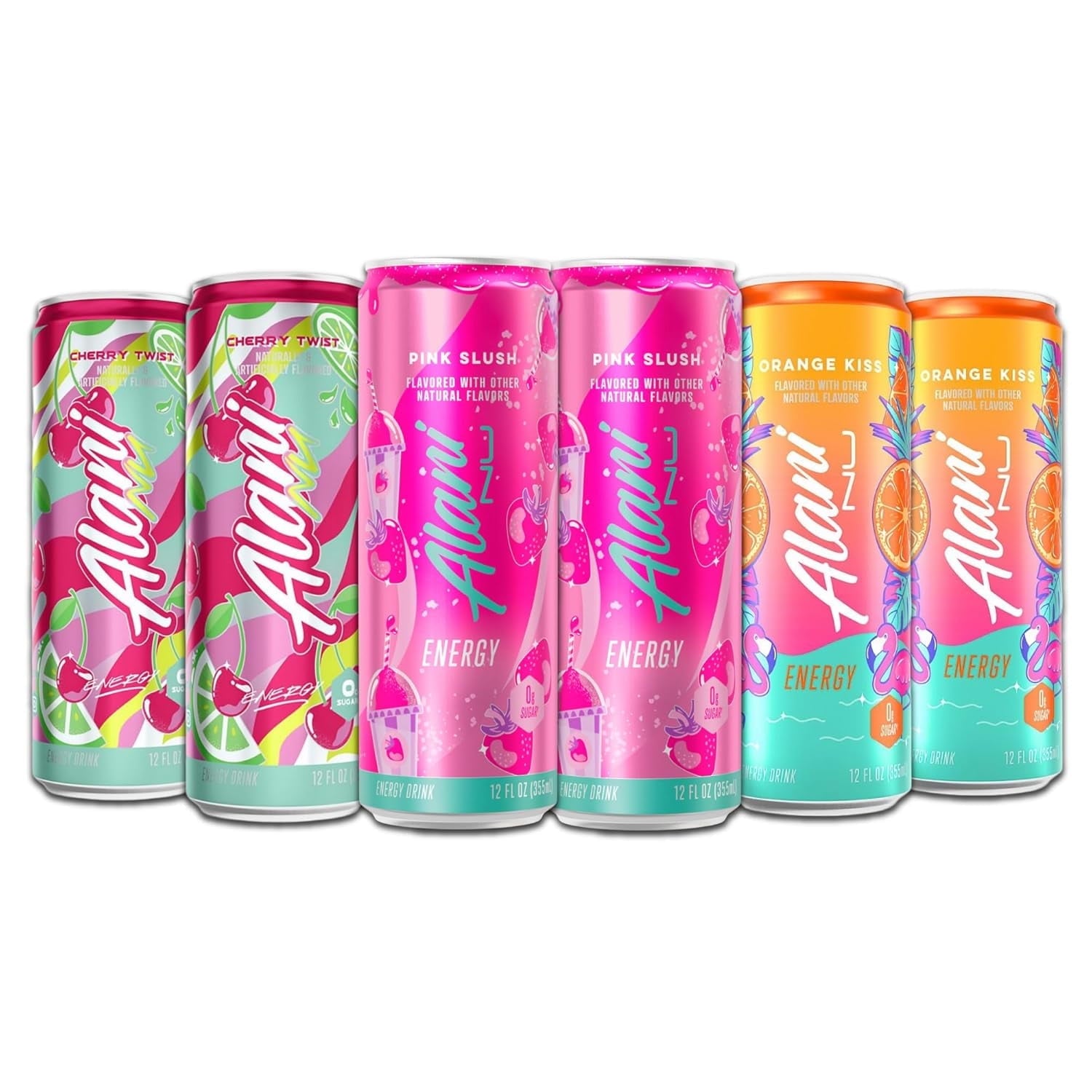 Sugar Free Energy Drinks Variety Pack, Pink Slush, orange kiss, cherry twist, Low - Calorie, Energy Boost Drinks 12 oz (Pack Of 6)