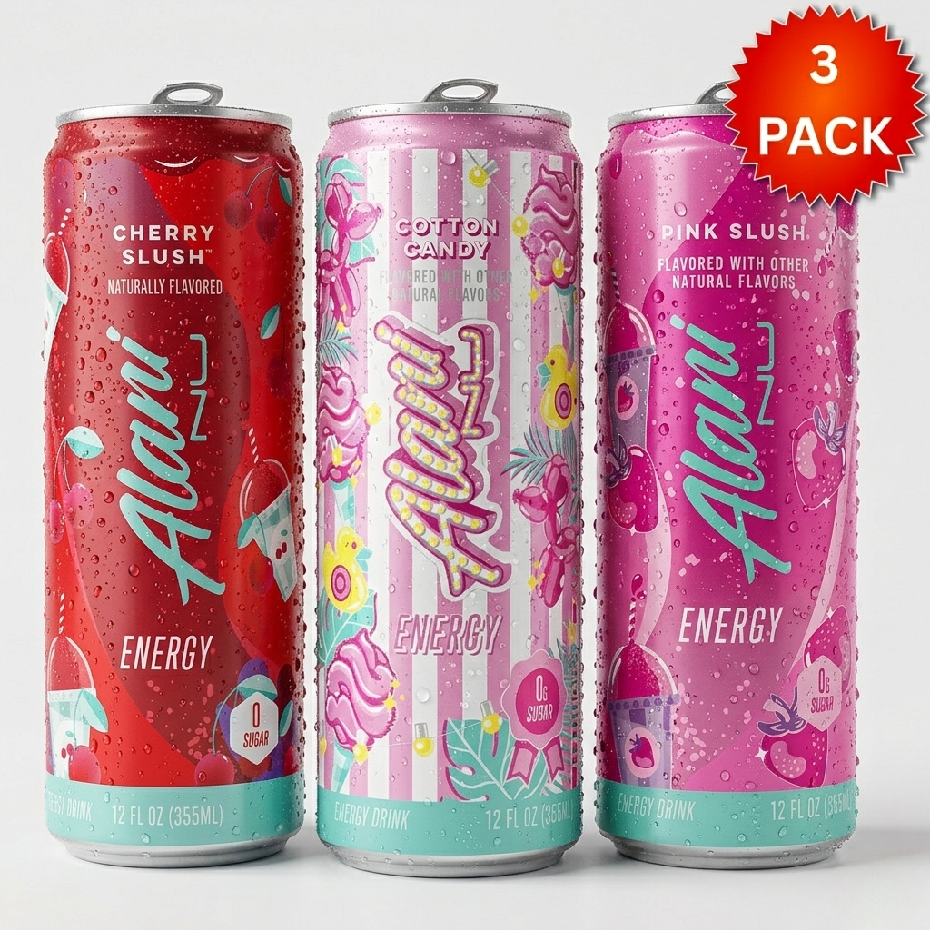 Energy Drink Variety Pack, 12 fl oz (3 Cans) – Cherry Slush, Cotton Candy, Pink Slush – Zero Sugar, Naturally Flavored
