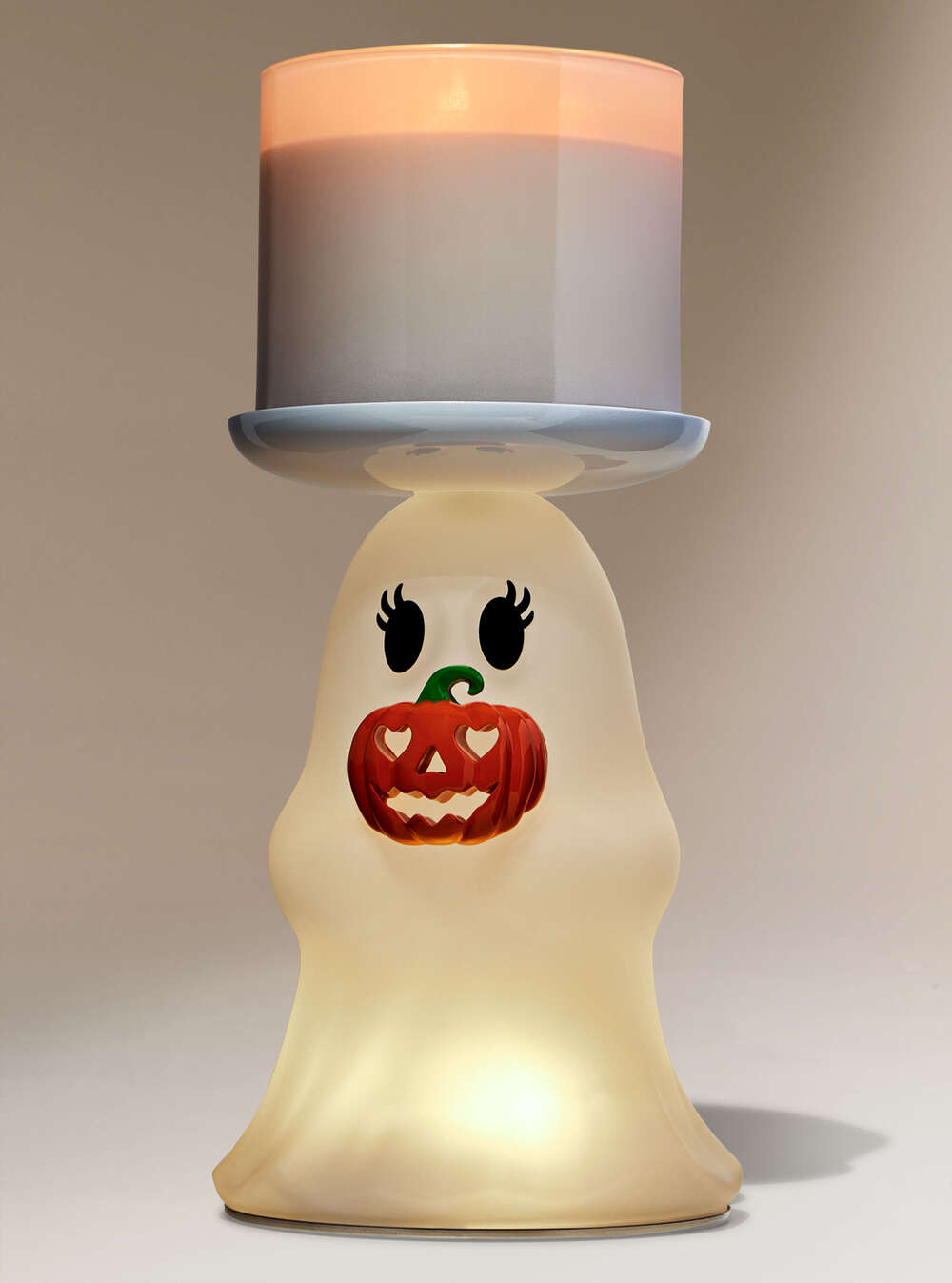 Light-up Ghost Jack-o'-lantern Pedestal 3-Wick Candle Holder