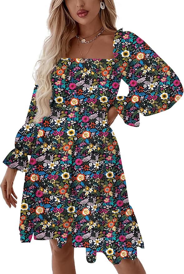 Black Floral Print Mini Dress TH4