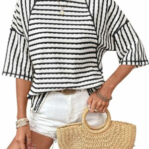 Crewneck Striped Short Sleeve Top TH43