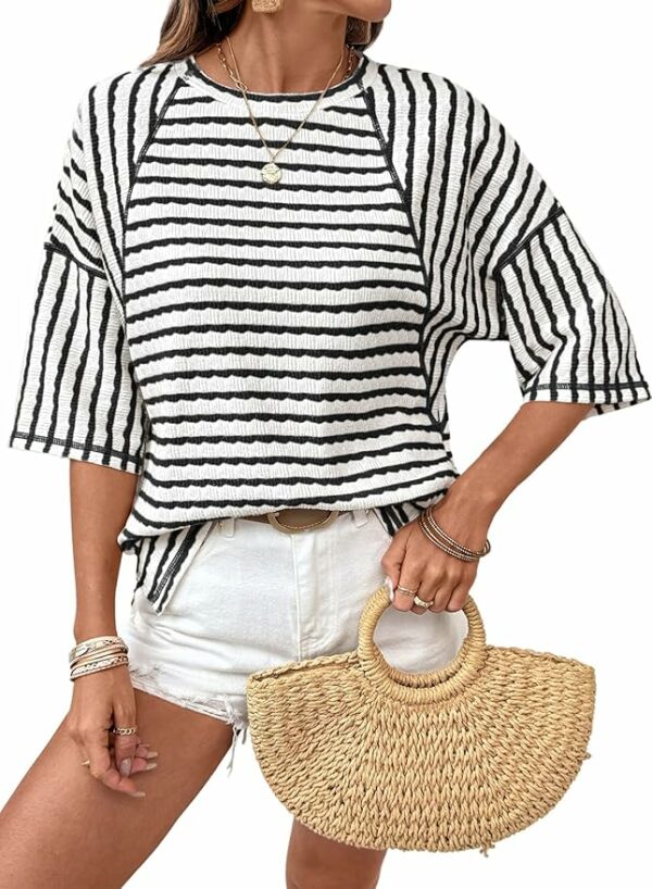 Crewneck Striped Short Sleeve Top TH43