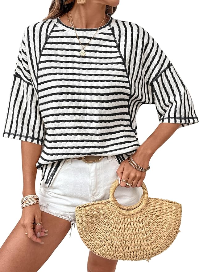 Crewneck Striped Short Sleeve Top TH43