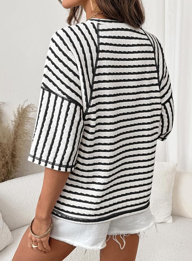 Crewneck Striped Short Sleeve Top TH43 - Image 2