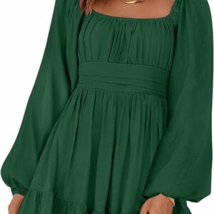 Dark Green Elastic Waist A-Line Mini Dress TH3