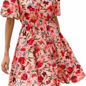 Floral Pink Red Floral Short Dress TH13
