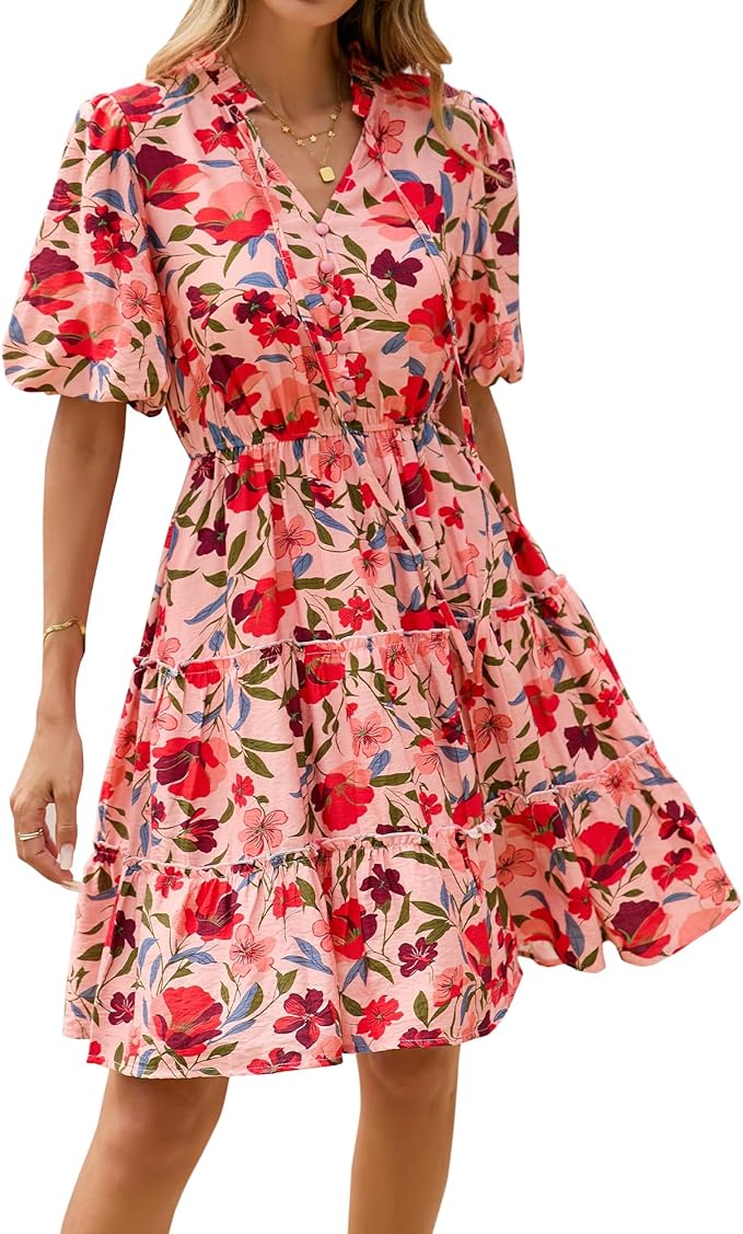 Floral Pink Red Floral Short Dress TH13