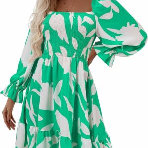 Green Floral Ruffle Shirred Flowy Mini Dress TH5