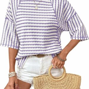 Oversized Lilac Striped Short Sleeve Top TH44