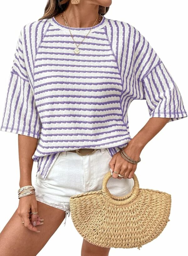 Oversized Lilac Striped Short Sleeve Top TH44