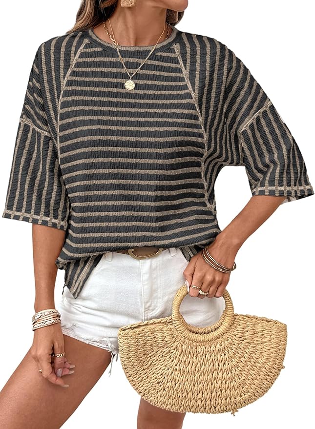 Striped Color Block Short Sleeve Top TH46