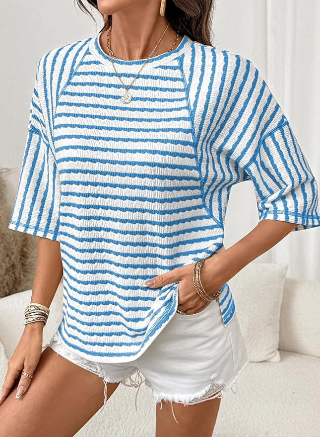 Striped Light Blue Short Sleeve Top TH47 - Image 2