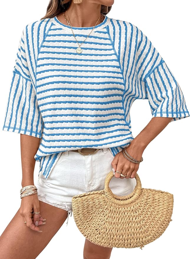 Striped Light Blue Short Sleeve Top TH47