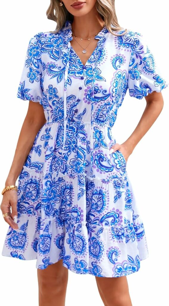 White Blue Floral A-Line Mini Dress TH10
