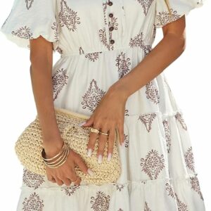 White Brown Flower A-Line Mini Dress TH9