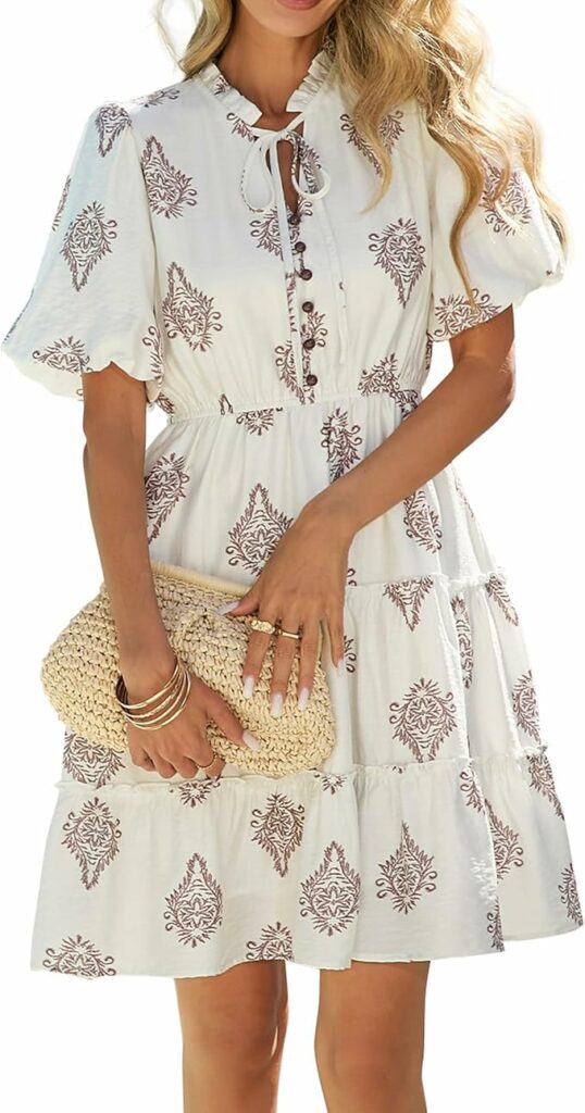 White Brown Flower A-Line Mini Dress TH9